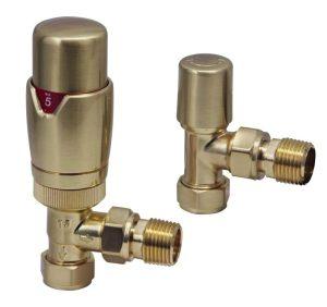Designer Twin Pack TRV Brushed Brass Angled 15mm Thermostatic Radiator Valves