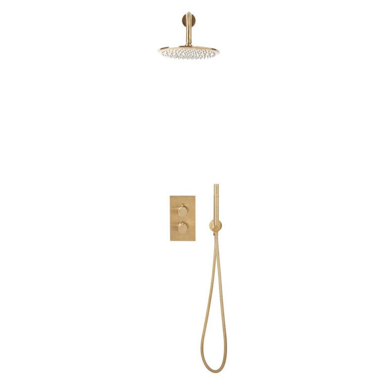 Cora Brushed Brass Round Handle Shower Arm Drench Head & Handset Holder