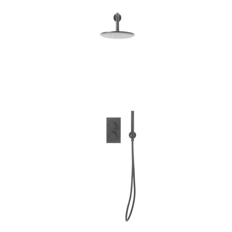 Cora Gun Metal Round Handle Shower Arm Drench Head & Handset Holder