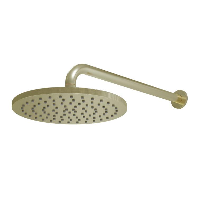 Cora Knurled Round Shower Head and Wall Arm Brushed Brass