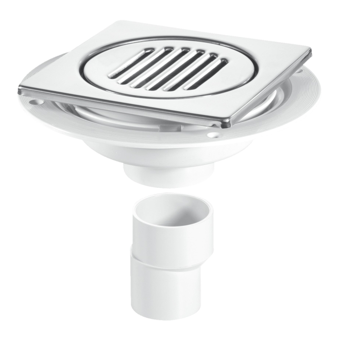 McAlpine USG2-T150SS Untrapped Gully With Vertical Outlet For Tile Or Stone Floors 150mm Square Polished Stainless Steel (No Screws)