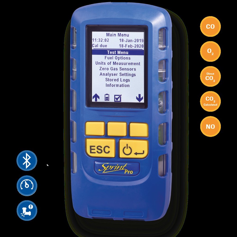 Sprint Pro 6 Flue gas analyzer with pressure testing,Bluetooth and gas leak detection (CO,O2,NO,CO2)