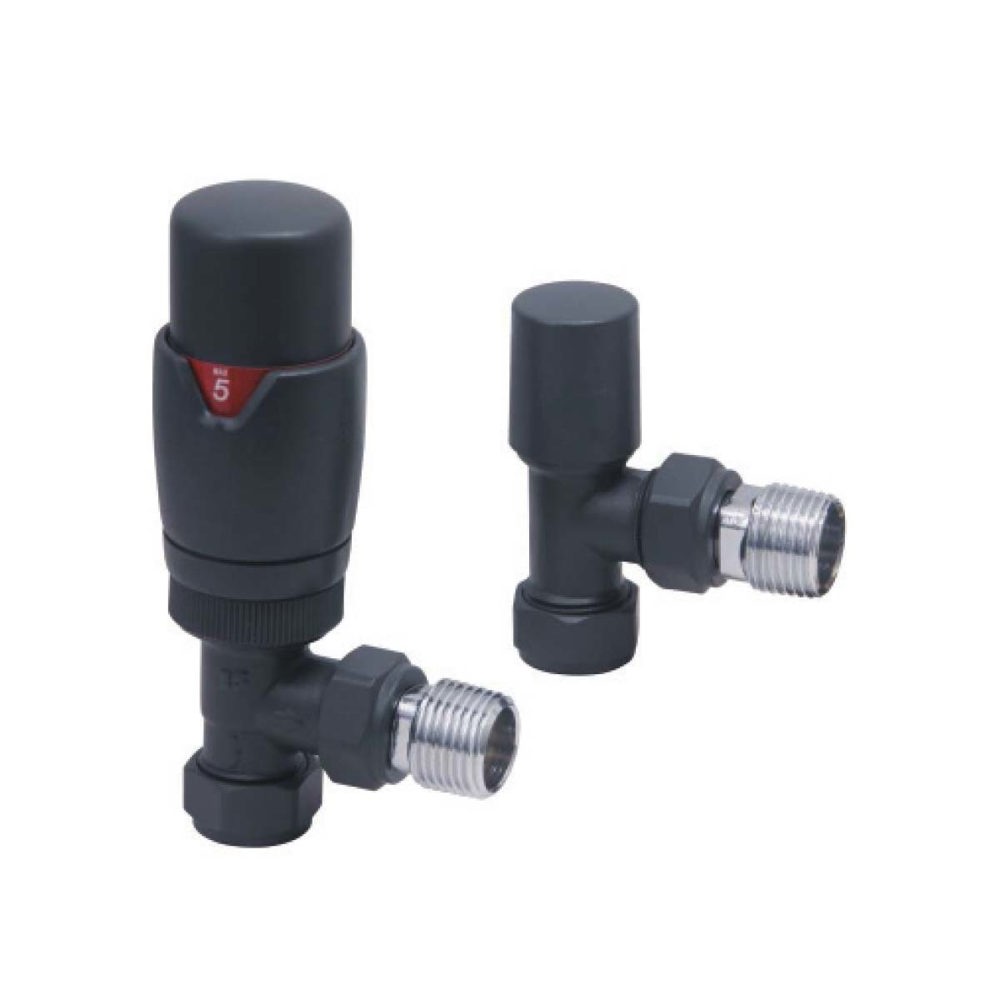 Designer Twin Pack TRV Carbon Anthracite Angled 15mm Thermostatic Radiator Valves