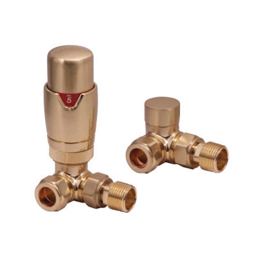 Designer Corner Twin Pack TRV Brushed Brass 15mm Thermostatic