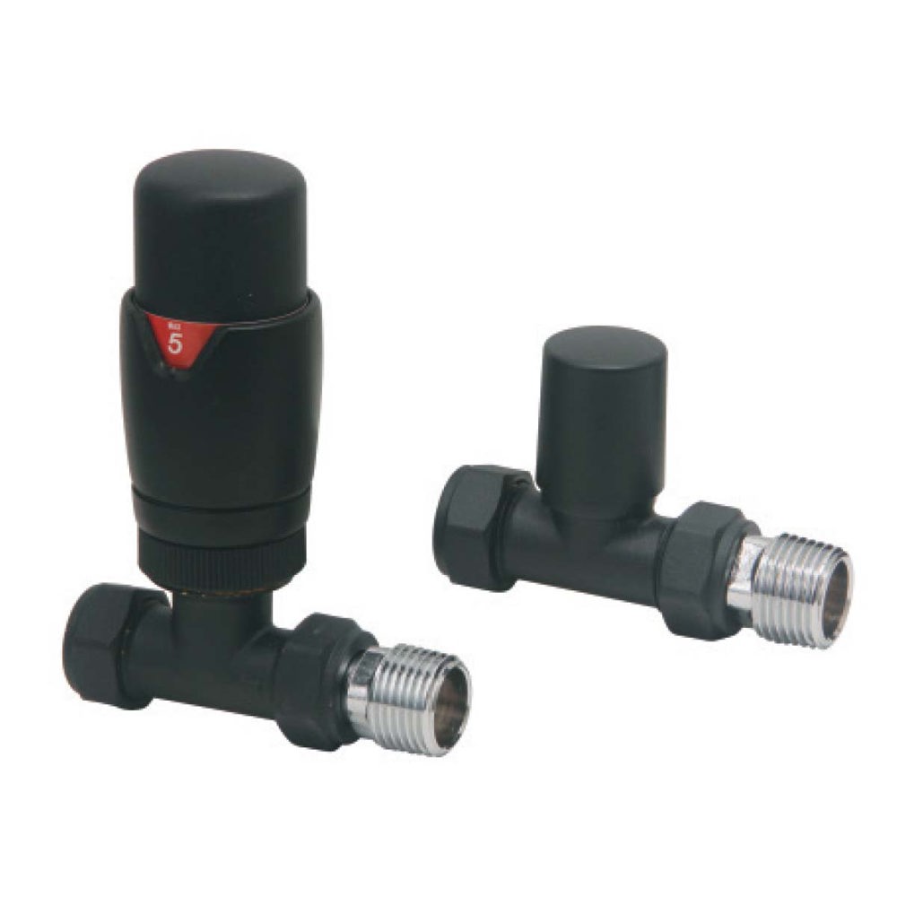 Designer Twin Pack TRV Black Straight 15mm Thermostatic Radiator Valves