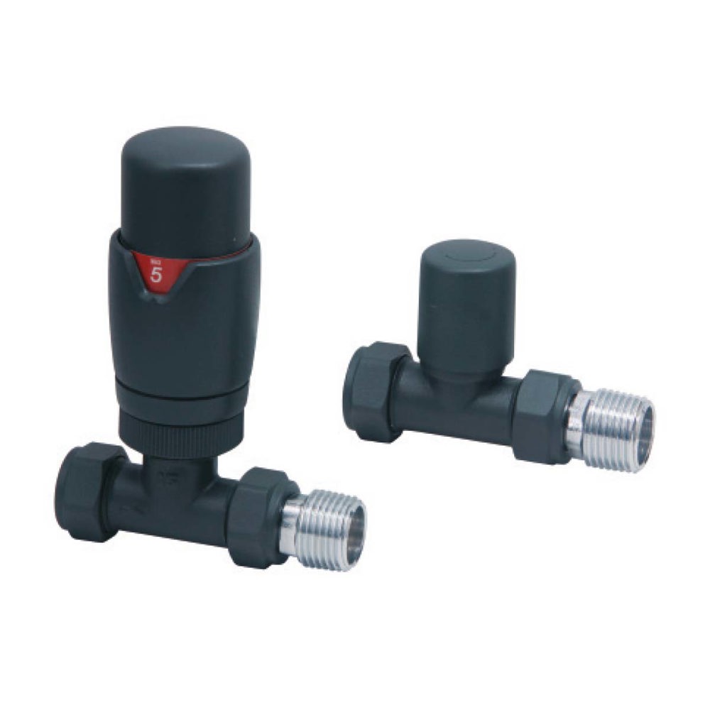 Designer Twin Pack TRV,Carbon Anthracite,Straight 15mm Thermostatic Radiator Valves